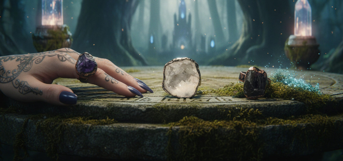 Arcana VIII – Der Spiegel des Lichts (Clearquarz-Geoden-Ring)