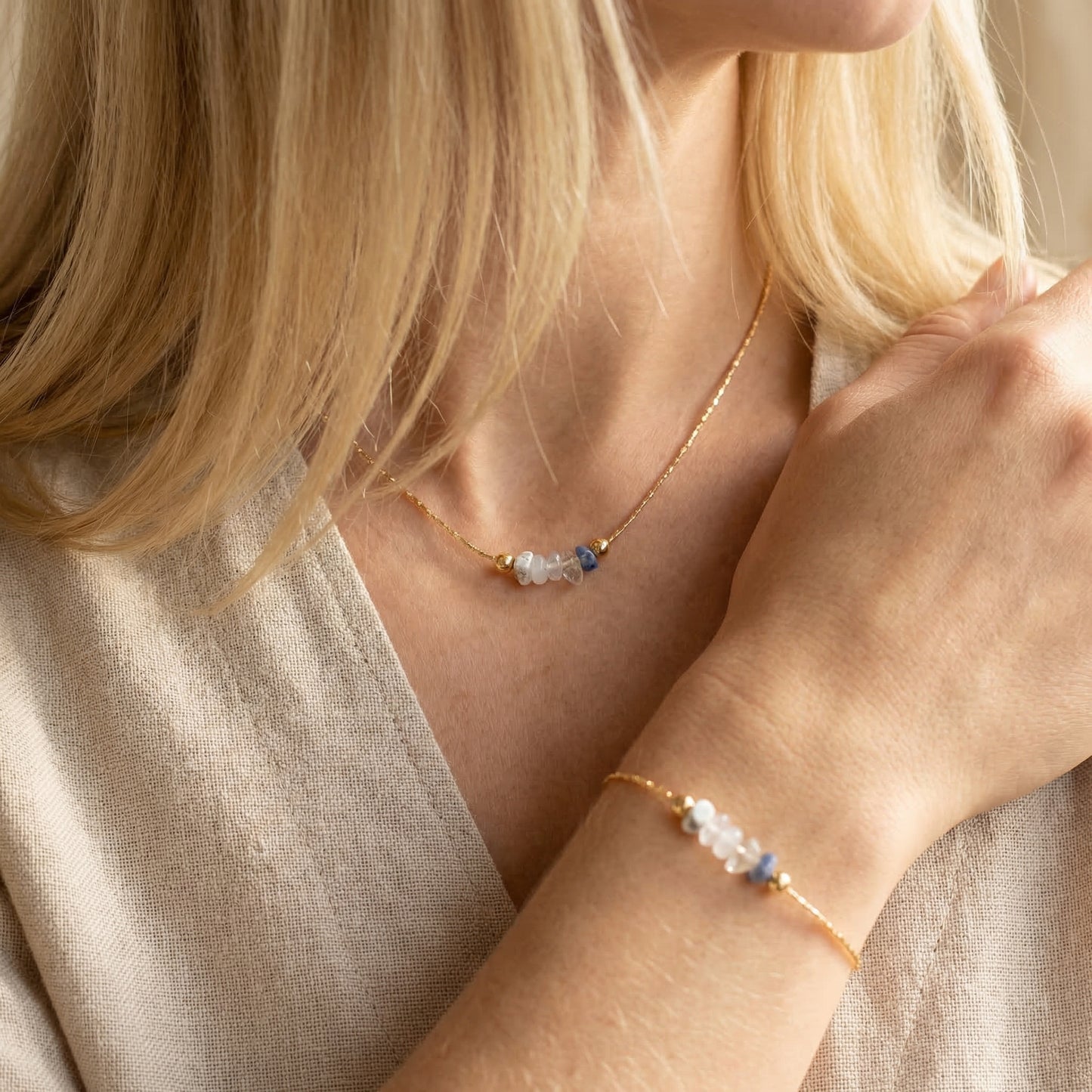 Fokus- & Ausgleichsset „Quiet Mind“ - Sodalith - Fluorit - Bergkristall - Mondstein - Howlith