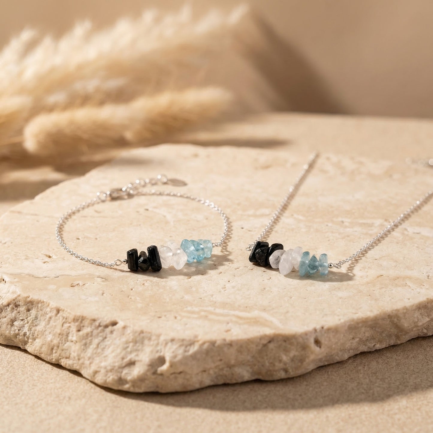 Ruhe- und Schutzset "Moon Calm" - Mondstein - Aquamarin - Obsidian