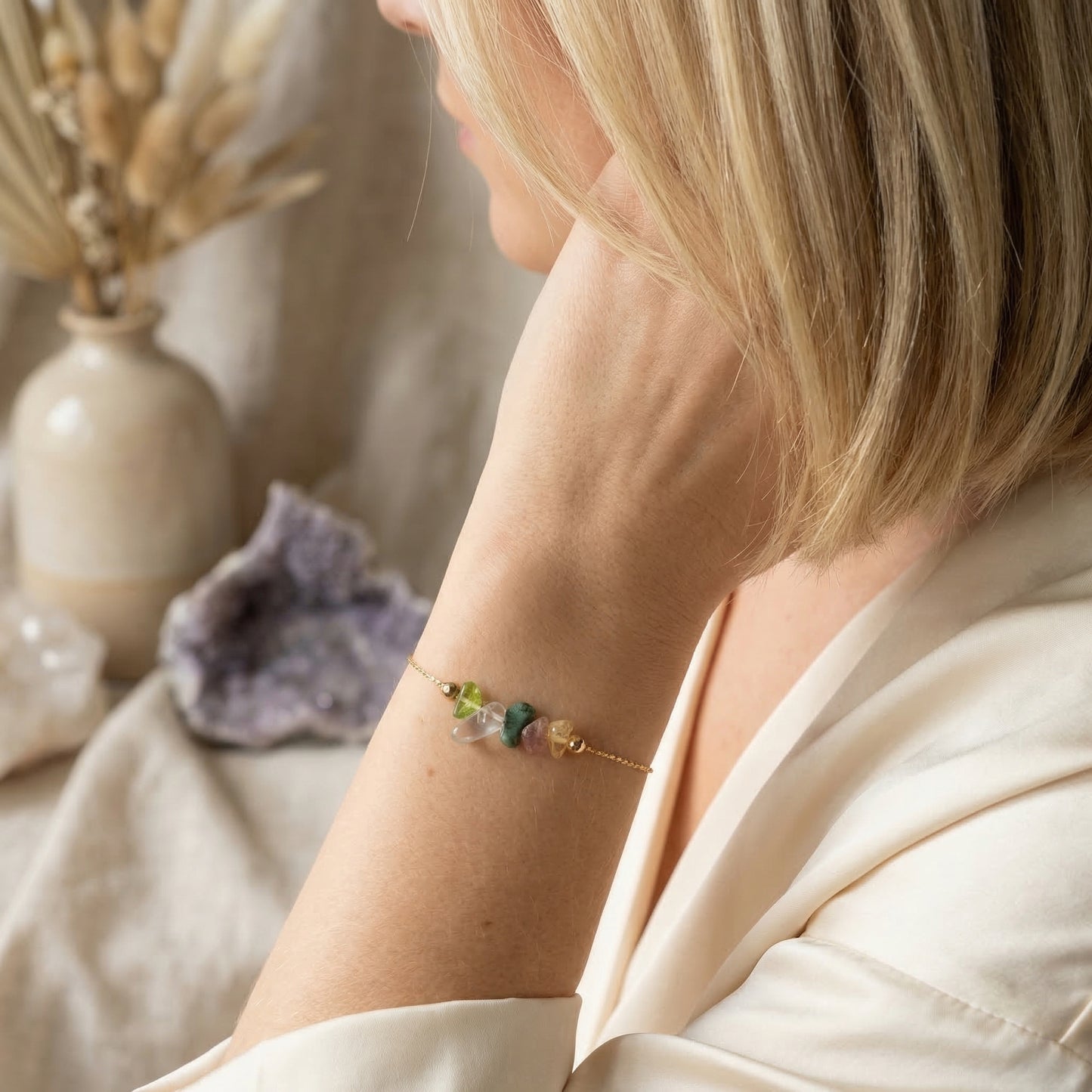 Lebensenergie- und Erdungs-Armband "Vital Roots" - Peridot - Moosachat - Rubin/Zoisit - Erdbeerquarz - Bernstein