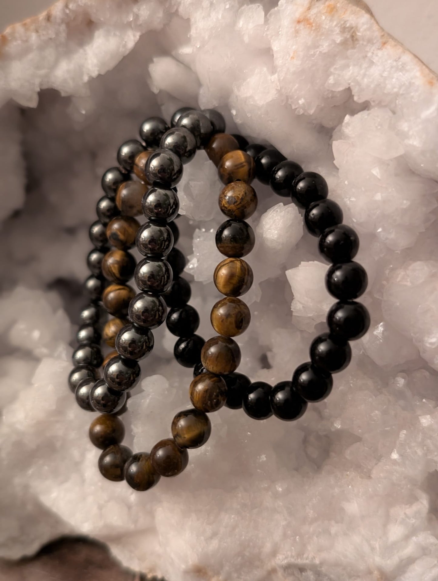 Echtes Naturstein-Armband – Hämatit / Tigerauge / Black Obsidian / Falkenauge - 15-18