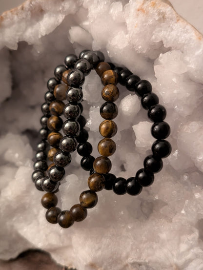 Echtes Naturstein-Armband – Hämatit / Tigerauge / Black Obsidian / Falkenauge - 15-18