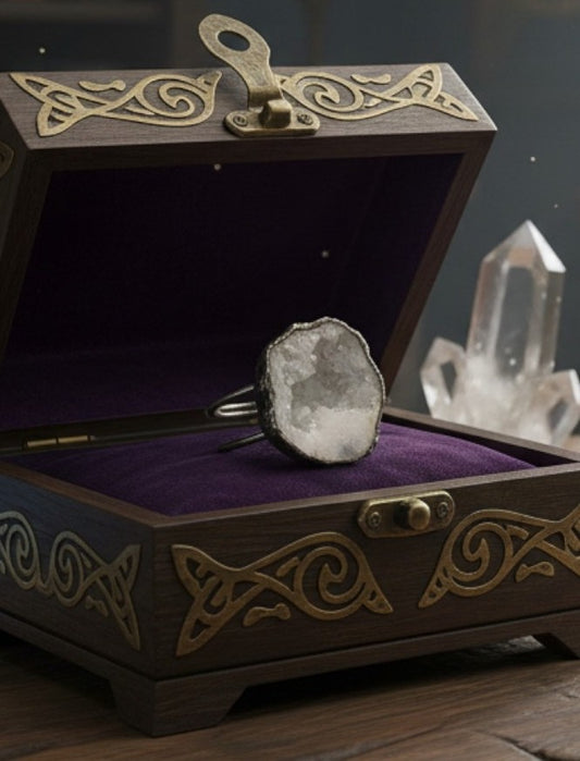 Arcana VIII – Der Spiegel des Lichts (Clearquarz-Geoden-Ring)