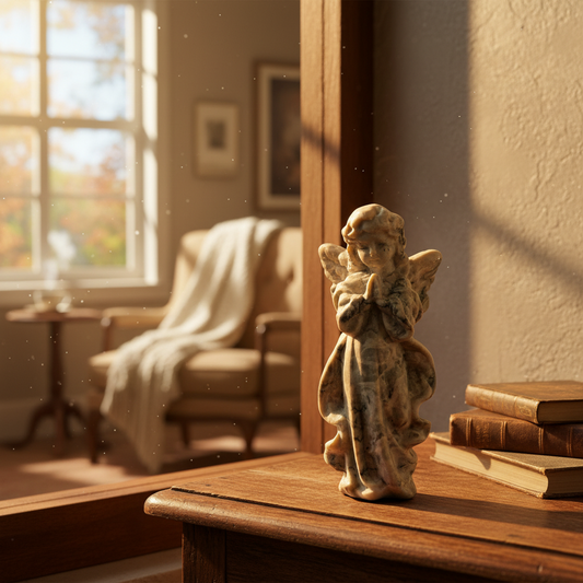 Engelsfiguren aus weißer Jade, Granat & Picasso-Jaspis