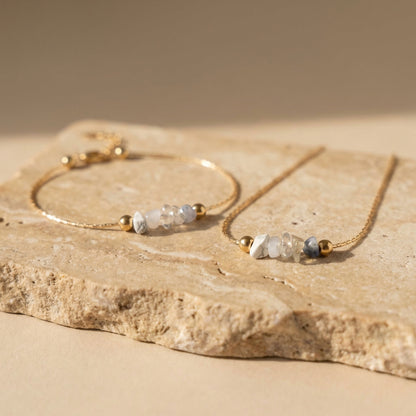 Fokus- & Ausgleichsset „Quiet Mind“ - Sodalith - Fluorit - Bergkristall - Mondstein - Howlith