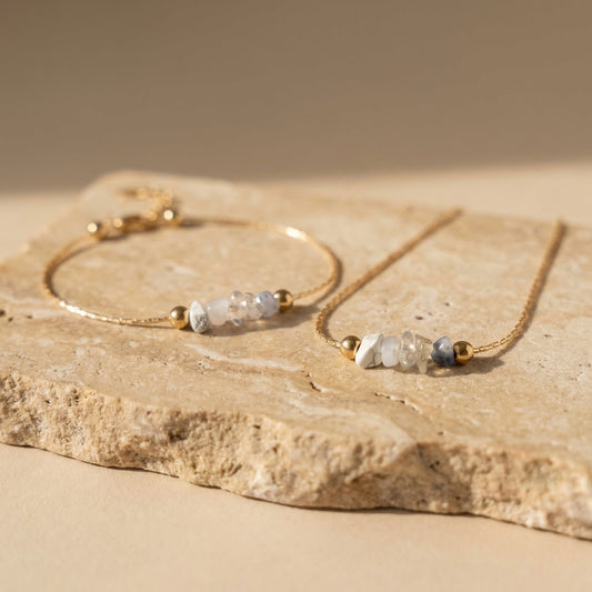 Fokus- & Ausgleichsset „Quiet Mind“ - Sodalith - Fluorit - Bergkristall - Mondstein - Howlith