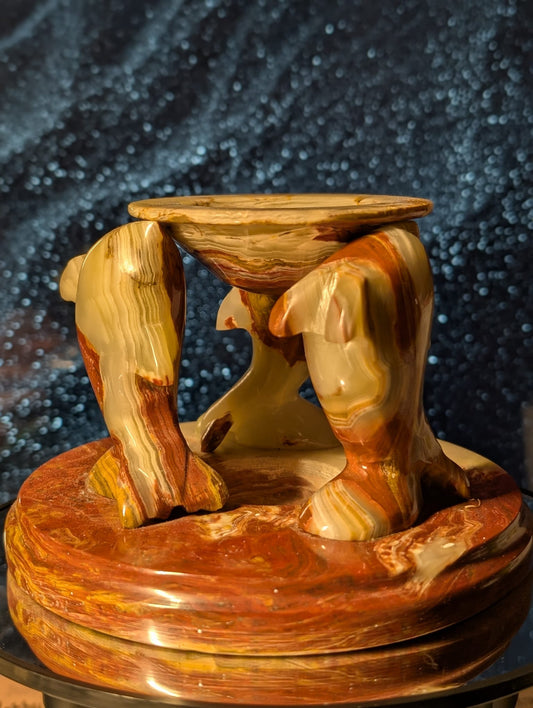 Onyx-Teelicht – Handgeschnitzte Delfine mit Schale